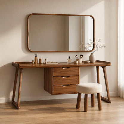 Makeup Vanity with Three-Drawer Storage in Natural Solid Wood Design - Woodenecho - 9