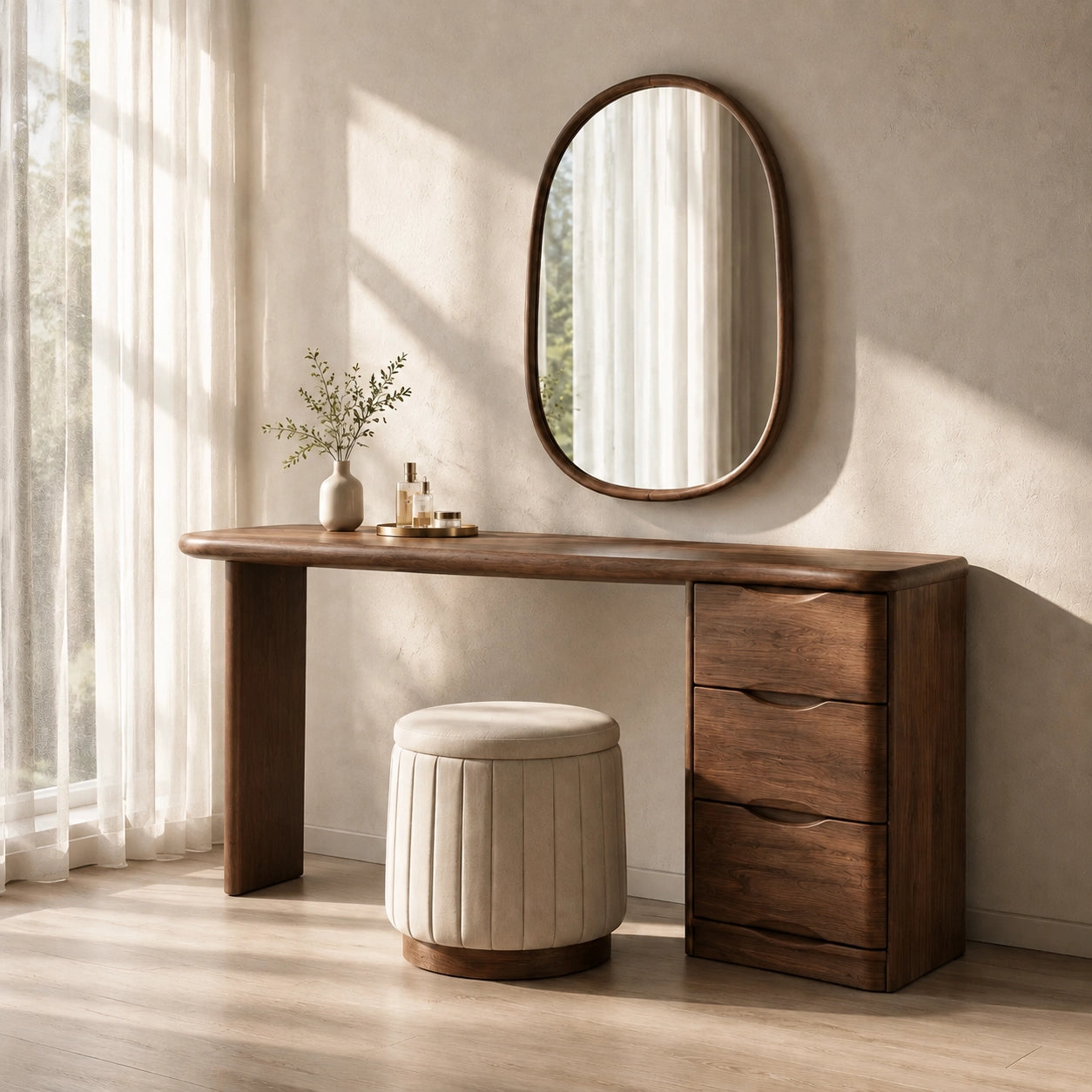 Makeup Vanity with Three-Drawer Storage in Natural Solid Wood for Bedrooms - Woodenecho - 1
