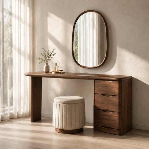 Makeup Vanity with Three-Drawer Storage in Natural Solid Wood for Bedrooms - Woodenecho - 1
