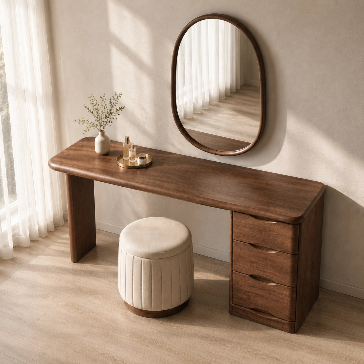 Makeup Vanity with Three-Drawer Storage in Natural Solid Wood for Bedrooms - Woodenecho - 2
