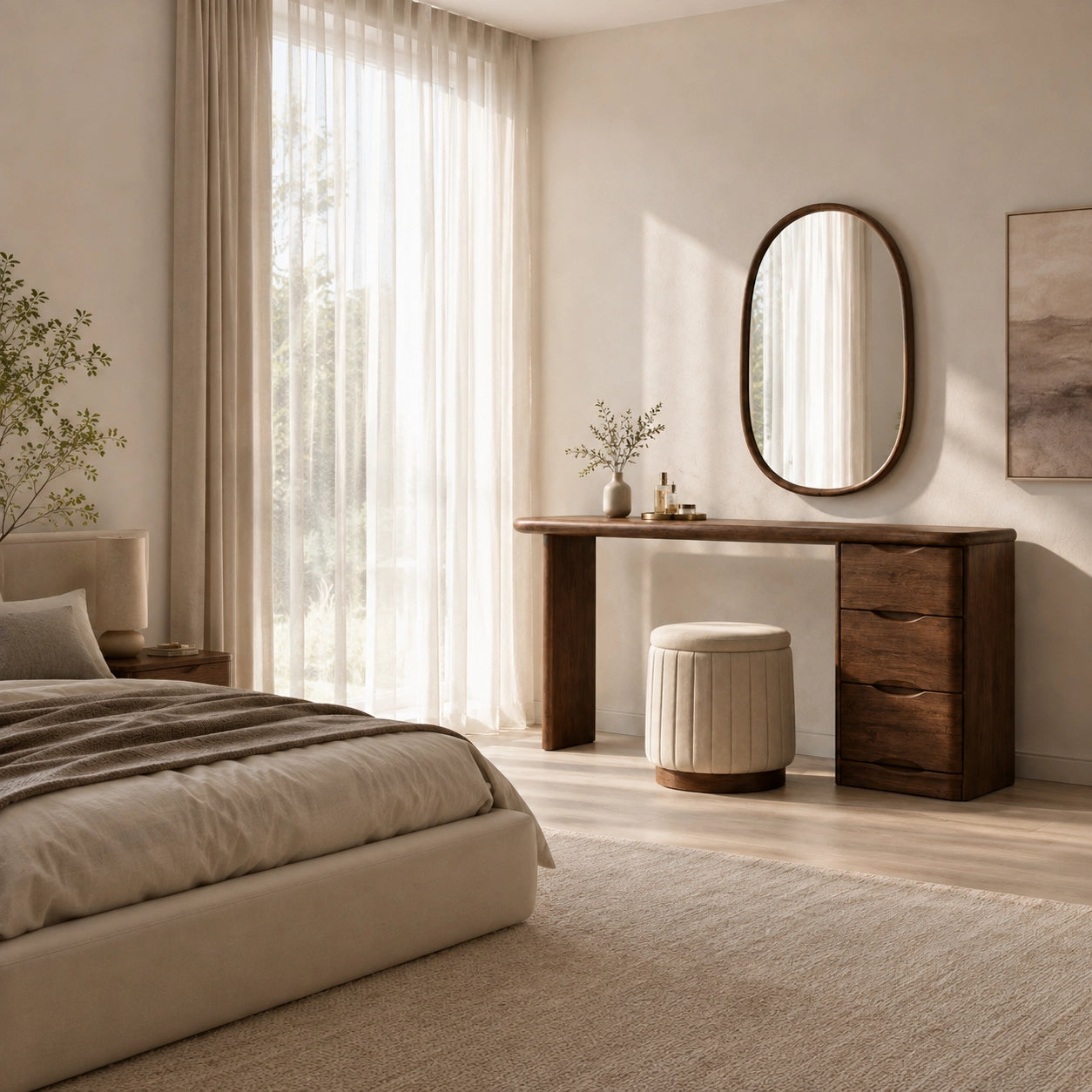 Makeup Vanity with Three-Drawer Storage in Natural Solid Wood for Bedrooms - Woodenecho - 3