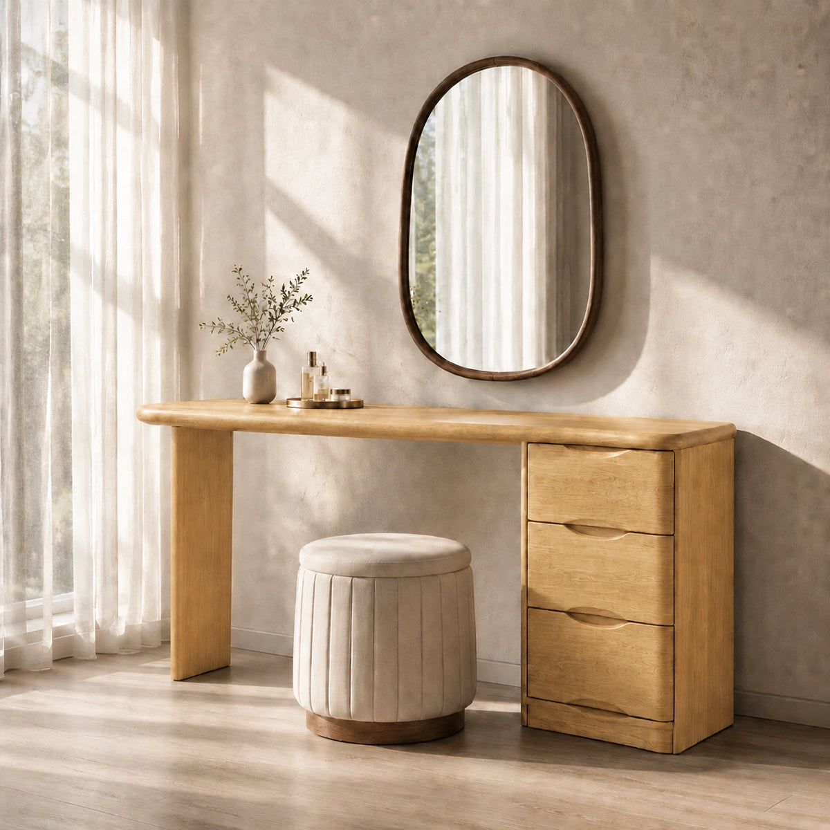 Makeup Vanity with Three-Drawer Storage in Natural Solid Wood for Bedrooms - Woodenecho - 4
