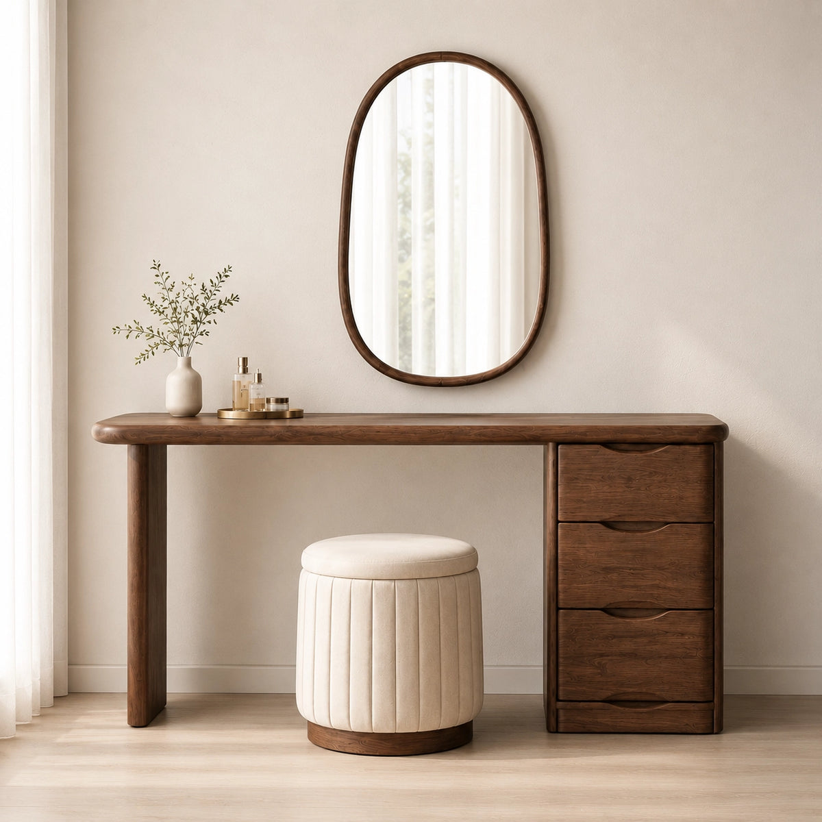 Makeup Vanity with Three-Drawer Storage in Natural Solid Wood for Bedrooms - Woodenecho - 5