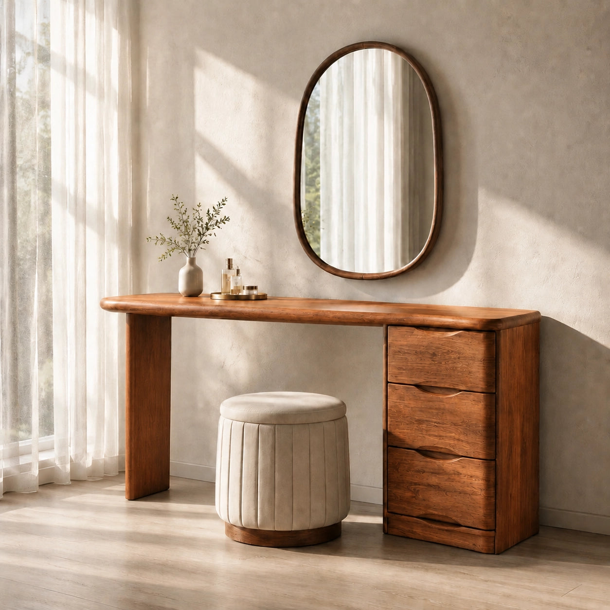 Makeup Vanity with Three-Drawer Storage in Natural Solid Wood for Bedrooms - Woodenecho - 8