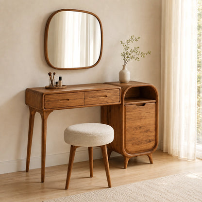 Makeup Vanity with Two Drawers and Rounded Side Cabinet in Natural Solid Wood - Woodenecho - 1