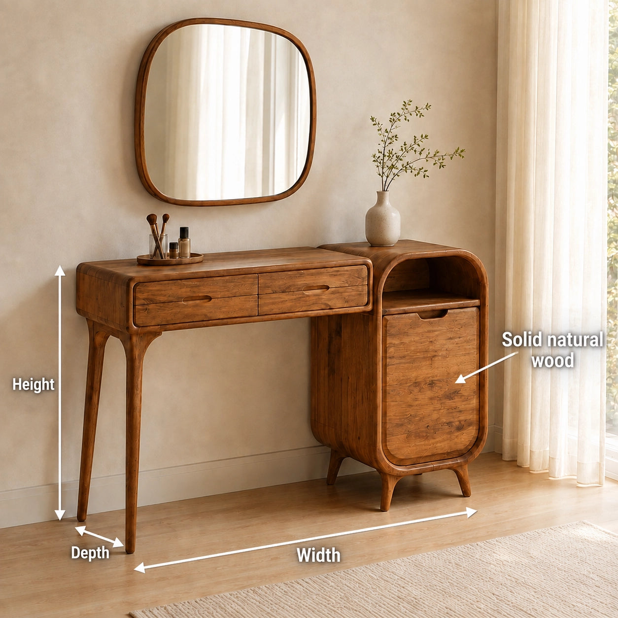 Makeup Vanity with Two Drawers and Rounded Side Cabinet in Natural Solid Wood - Woodenecho - 2