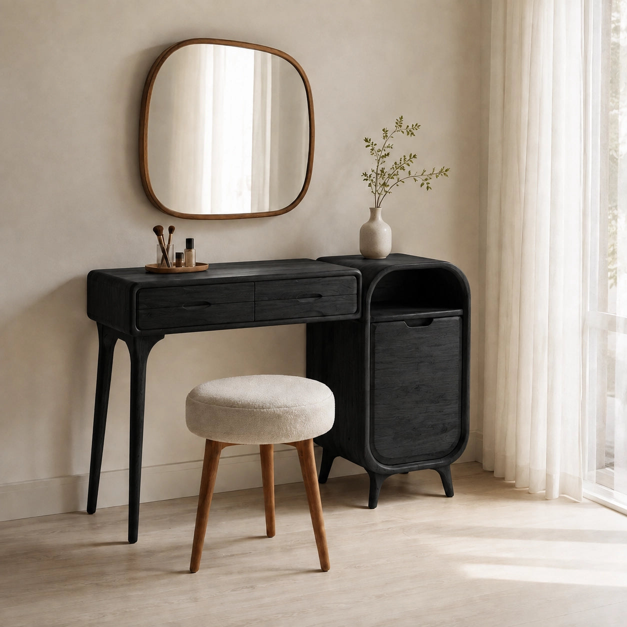 Makeup Vanity with Two Drawers and Rounded Side Cabinet in Natural Solid Wood - Woodenecho - 3