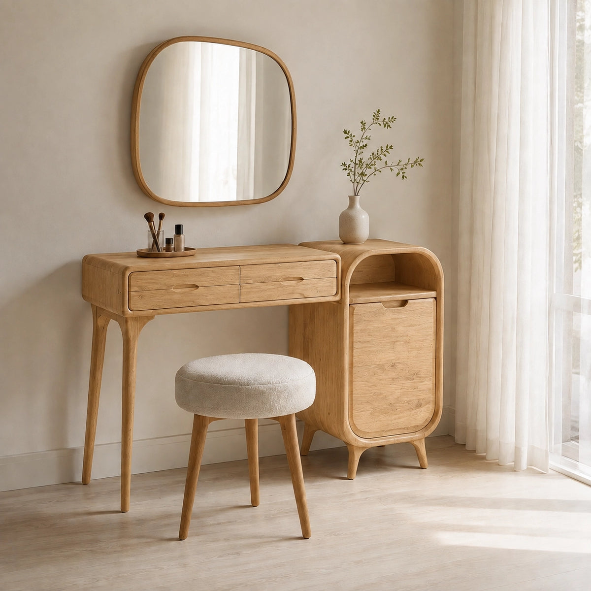 Makeup Vanity with Two Drawers and Rounded Side Cabinet in Natural Solid Wood - Woodenecho - 4