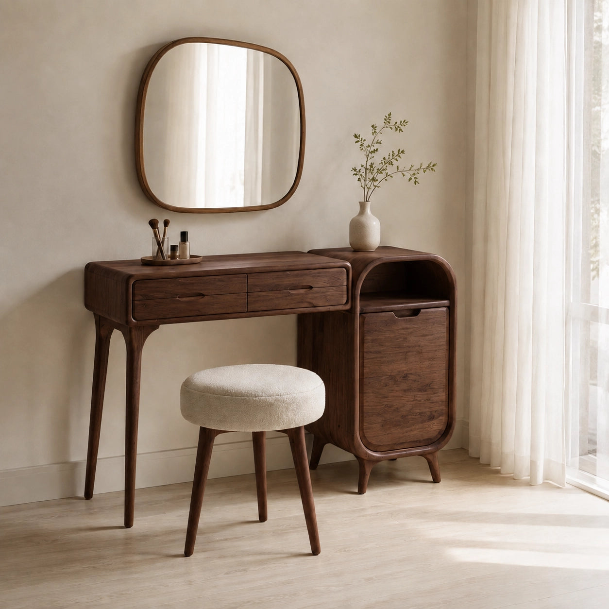 Makeup Vanity with Two Drawers and Rounded Side Cabinet in Natural Solid Wood - Woodenecho - 5