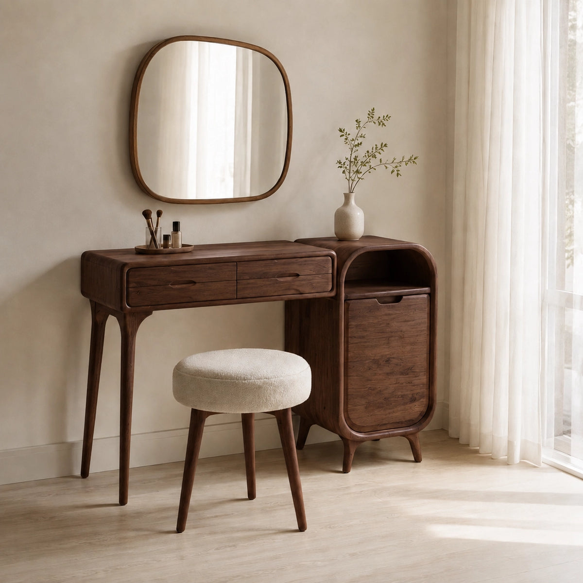 Makeup Vanity with Two Drawers and Rounded Side Cabinet in Natural Solid Wood - Woodenecho - 5