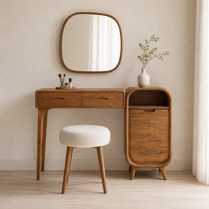 Makeup Vanity with Two Drawers and Rounded Side Cabinet in Natural Solid Wood - Woodenecho - 6