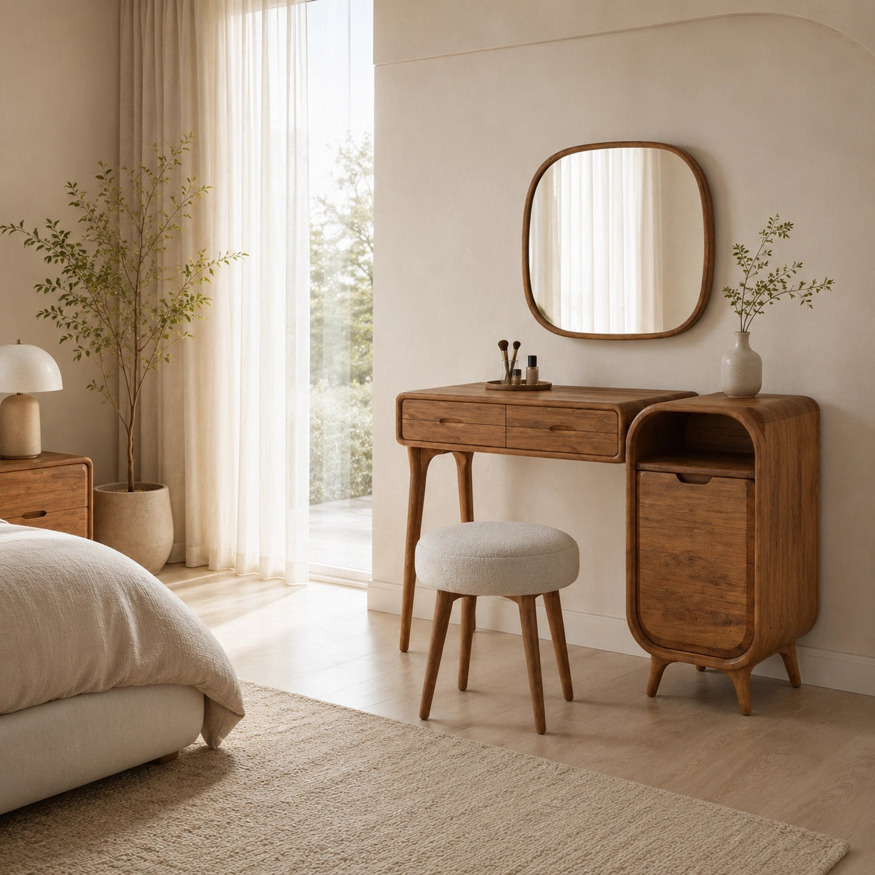Makeup Vanity with Two Drawers and Rounded Side Cabinet in Natural Solid Wood - Woodenecho - 7