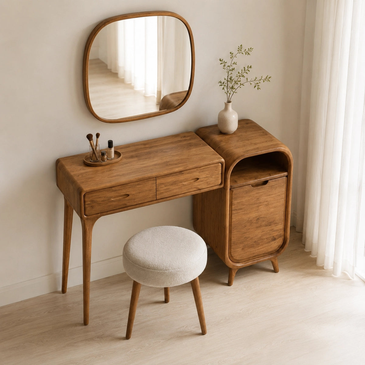 Makeup Vanity with Two Drawers and Rounded Side Cabinet in Natural Solid Wood - Woodenecho - 9