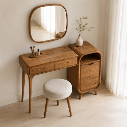 Makeup Vanity with Two Drawers and Rounded Side Cabinet in Natural Solid Wood - Woodenecho - 9