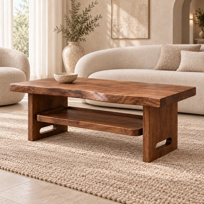 Minimalist Coffee Table with Open Shelf in Natural Solid Wood Design - Woodenecho - 1