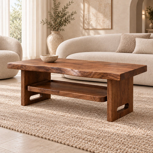 Minimalist Coffee Table with Open Shelf in Natural Solid Wood Design - Woodenecho - 1