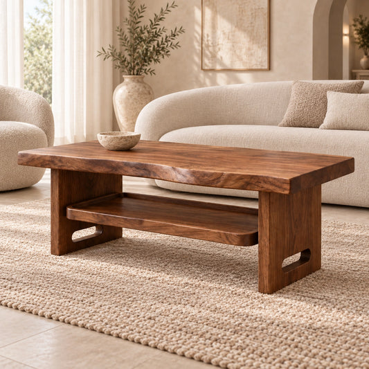 Minimalist Coffee Table with Open Shelf in Natural Solid Wood Design - Woodenecho - 1