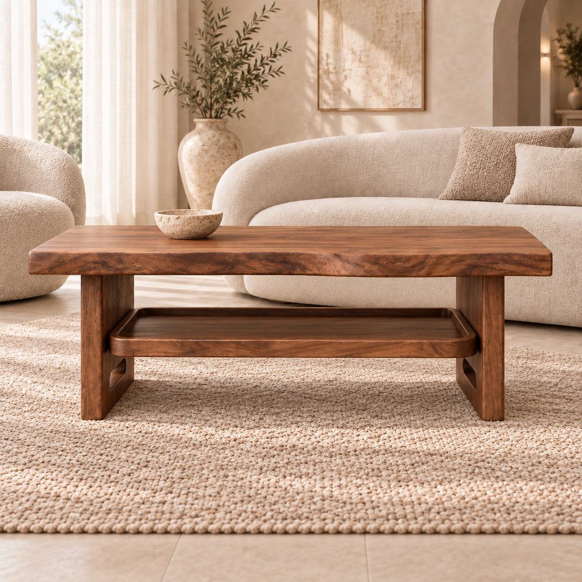 Minimalist Coffee Table with Open Shelf in Natural Solid Wood Design - Woodenecho - 3
