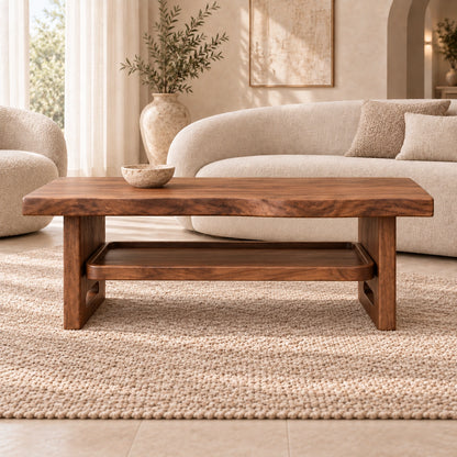 Minimalist Coffee Table with Open Shelf in Natural Solid Wood Design - Woodenecho - 3