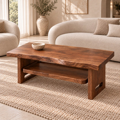 Minimalist Coffee Table with Open Shelf in Natural Solid Wood Design - Woodenecho - 4