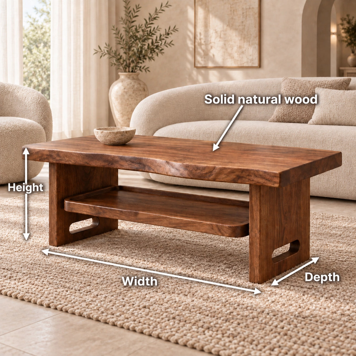 Minimalist Coffee Table with Open Shelf in Natural Solid Wood Design - Woodenecho - 6