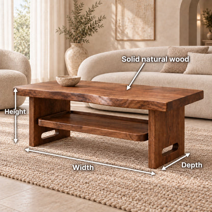 Minimalist Coffee Table with Open Shelf in Natural Solid Wood Design - Woodenecho - 6