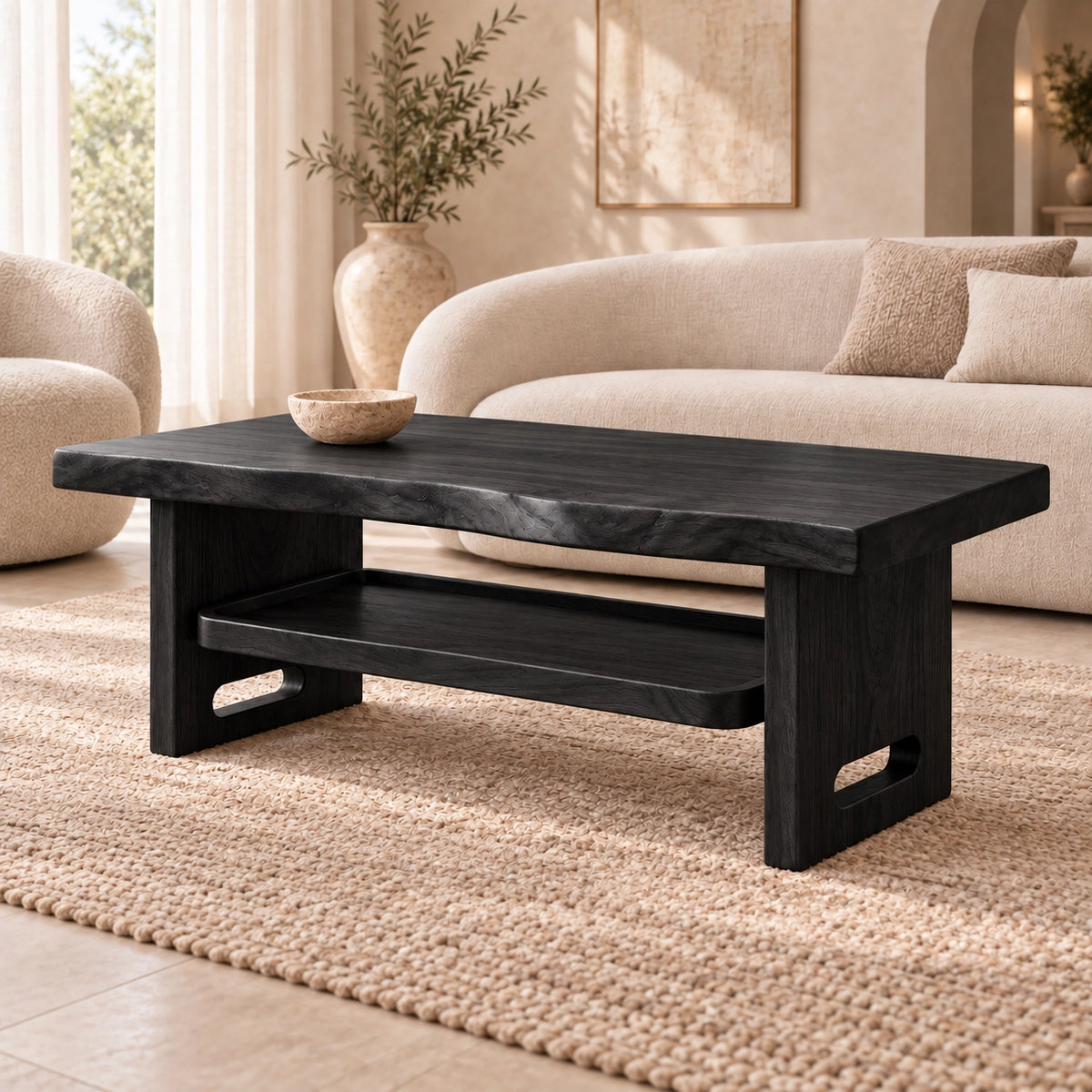 Minimalist Coffee Table with Open Shelf in Natural Solid Wood Design - Woodenecho - 7