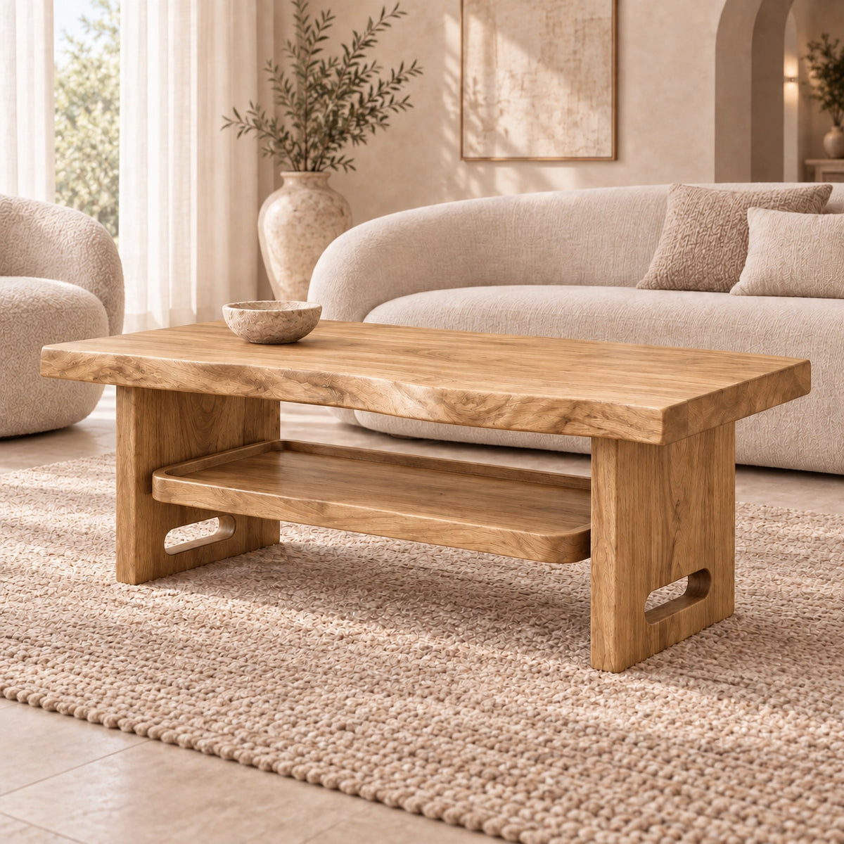 Minimalist Coffee Table with Open Shelf in Natural Solid Wood Design - Woodenecho - 8
