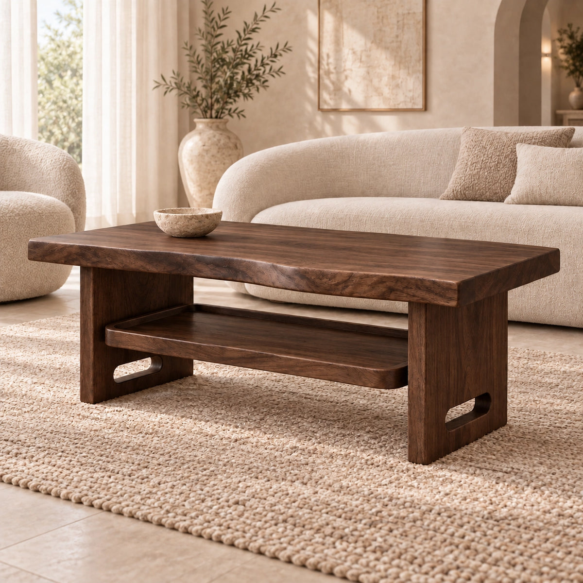 Minimalist Coffee Table with Open Shelf in Natural Solid Wood Design - Woodenecho - 9