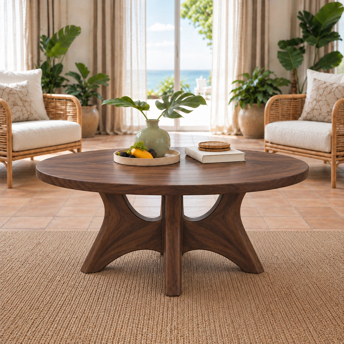 Minimalist Round Coffee Table with Curved Solid Wood Pedestal Base - Woodenecho - 2