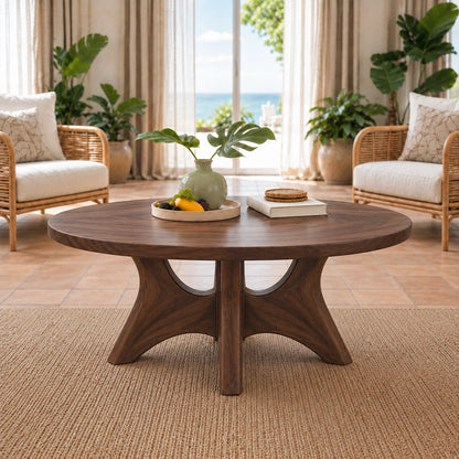 Minimalist Round Coffee Table with Curved Solid Wood Pedestal Base - Woodenecho - 2