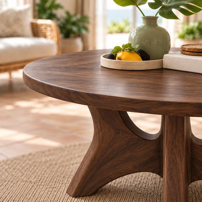 Minimalist Round Coffee Table with Curved Solid Wood Pedestal Base - Woodenecho - 3