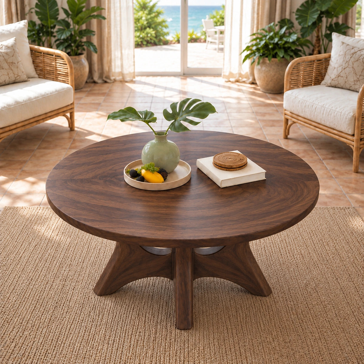 Minimalist Round Coffee Table with Curved Solid Wood Pedestal Base - Woodenecho - 4