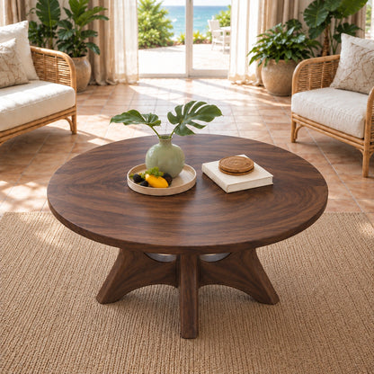 Minimalist Round Coffee Table with Curved Solid Wood Pedestal Base - Woodenecho - 4