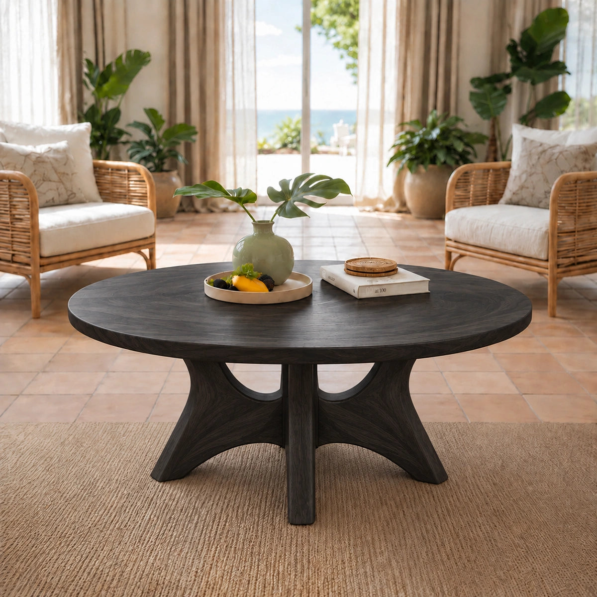 Minimalist Round Coffee Table with Curved Solid Wood Pedestal Base - Woodenecho - 6