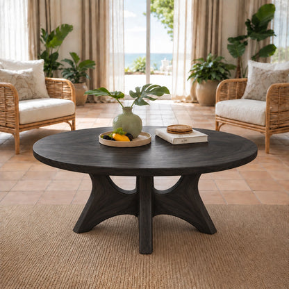 Minimalist Round Coffee Table with Curved Solid Wood Pedestal Base - Woodenecho - 6