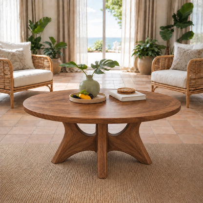 Minimalist Round Coffee Table with Curved Solid Wood Pedestal Base - Woodenecho - 7