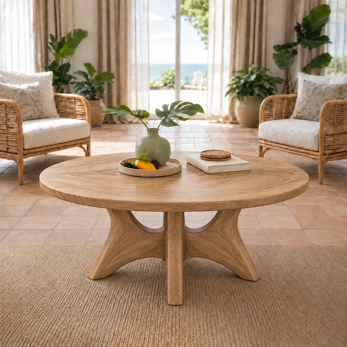 Minimalist Round Coffee Table with Curved Solid Wood Pedestal Base - Woodenecho - 8