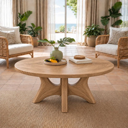 Minimalist Round Coffee Table with Curved Solid Wood Pedestal Base - Woodenecho - 8