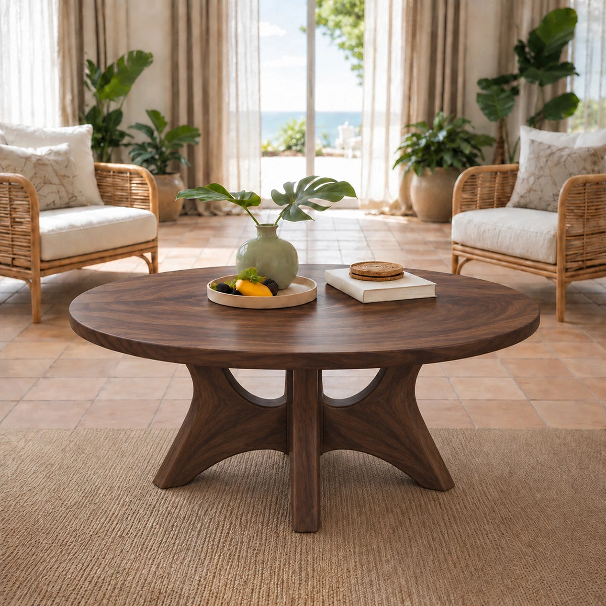 Minimalist Round Coffee Table with Curved Solid Wood Pedestal Base - Woodenecho - 9