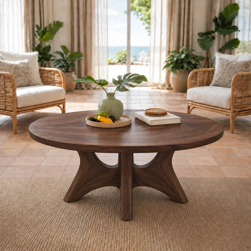 Minimalist Round Coffee Table with Curved Solid Wood Pedestal Base - Woodenecho - 9