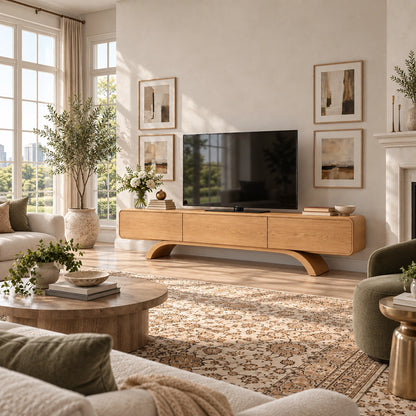 Minimalist TV Stand with Curved Arch Base in Natural Solid Wood Design - Woodenecho - 1