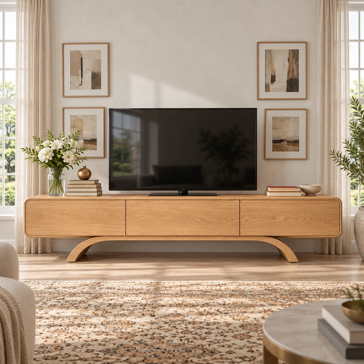 Minimalist TV Stand with Curved Arch Base in Natural Solid Wood Design - Woodenecho - 2