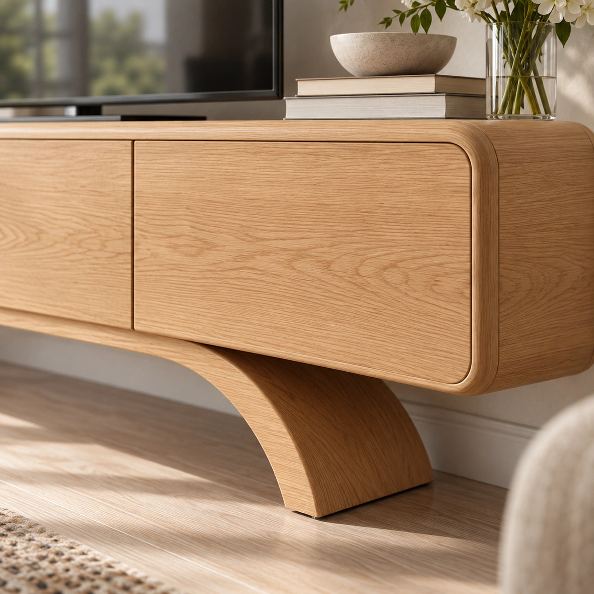 Minimalist TV Stand with Curved Arch Base in Natural Solid Wood Design - Woodenecho - 3