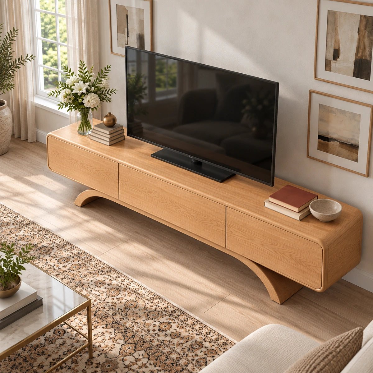 Minimalist TV Stand with Curved Arch Base in Natural Solid Wood Design - Woodenecho - 4