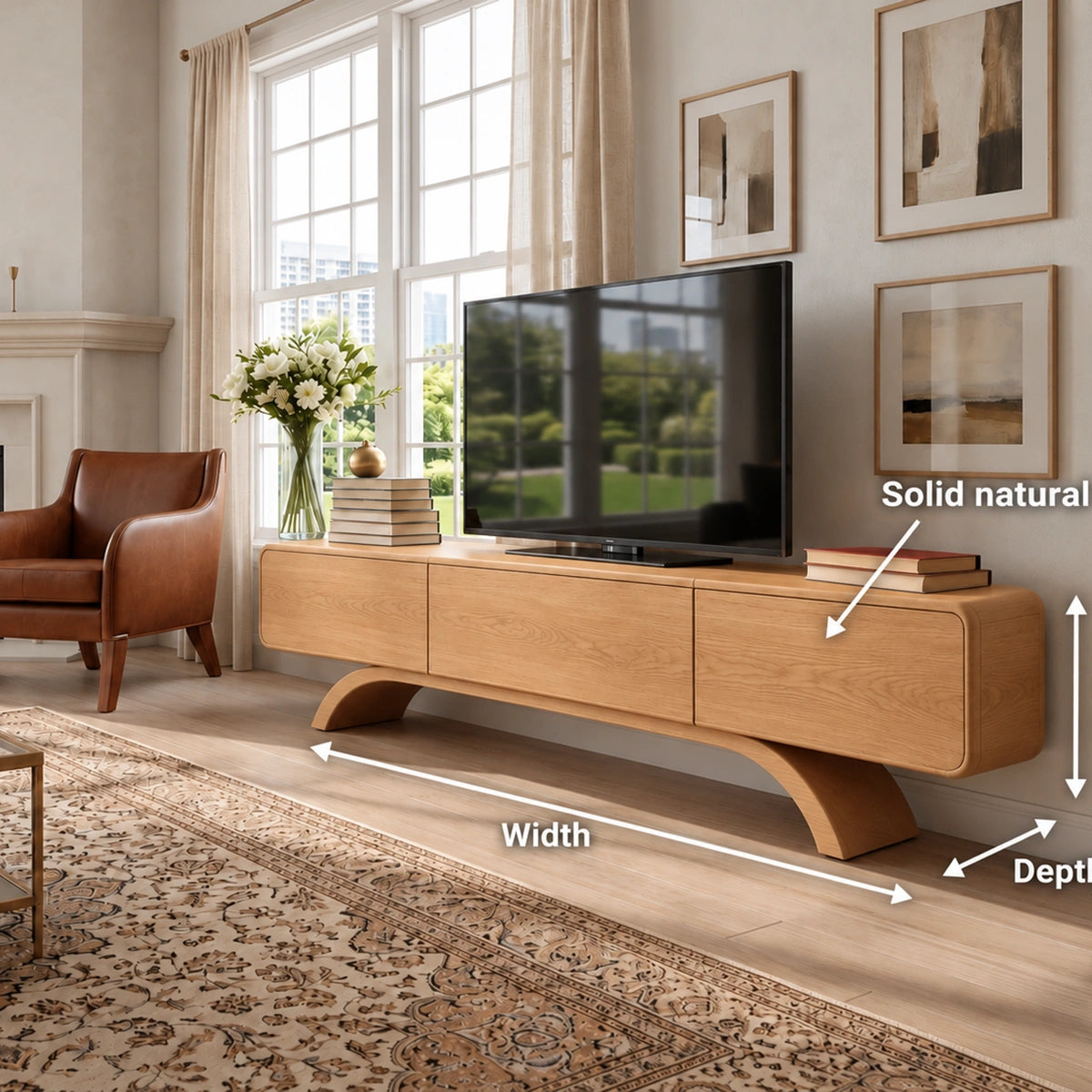 Minimalist TV Stand with Curved Arch Base in Natural Solid Wood Design - Woodenecho - 5