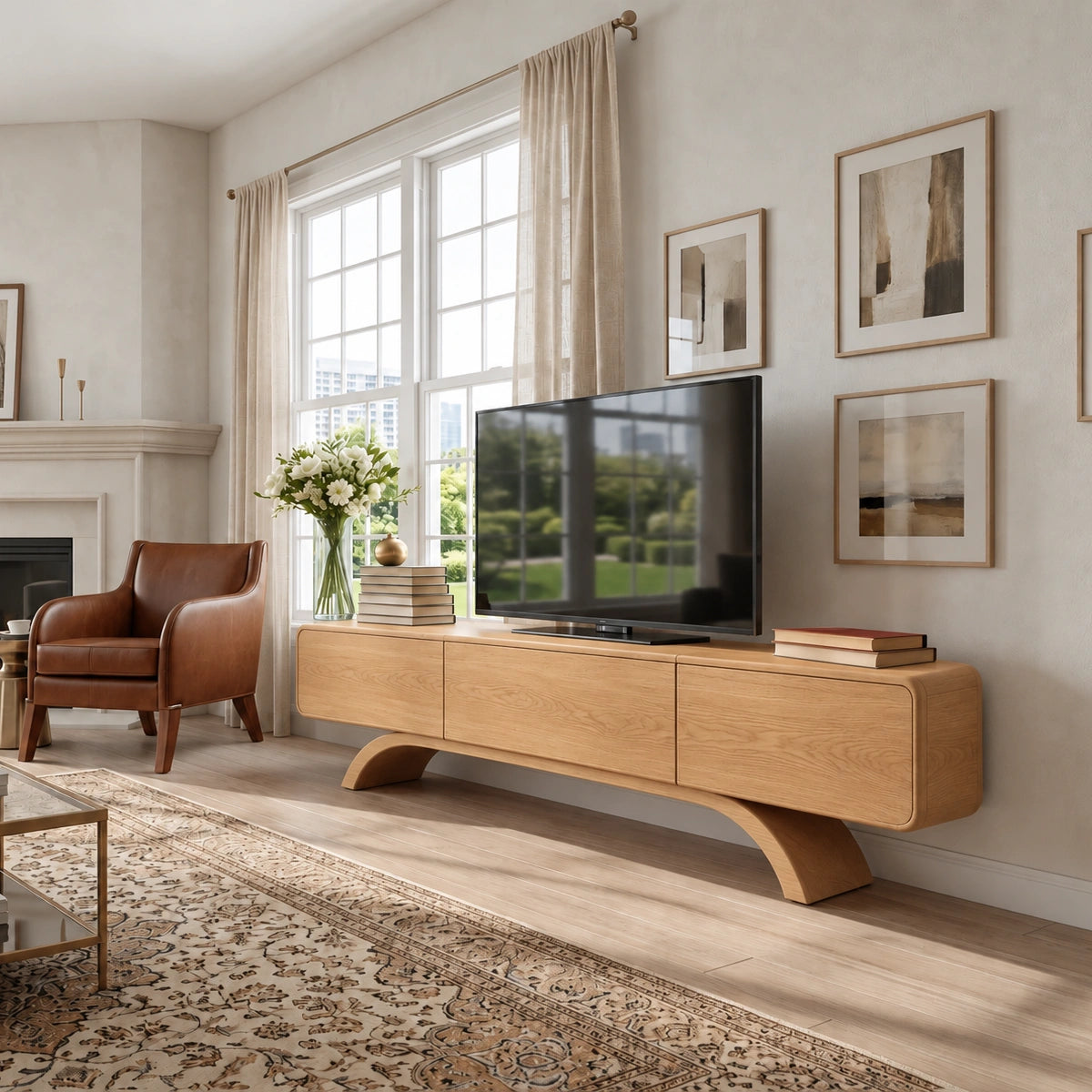 Minimalist TV Stand with Curved Arch Base in Natural Solid Wood Design - Woodenecho - 6