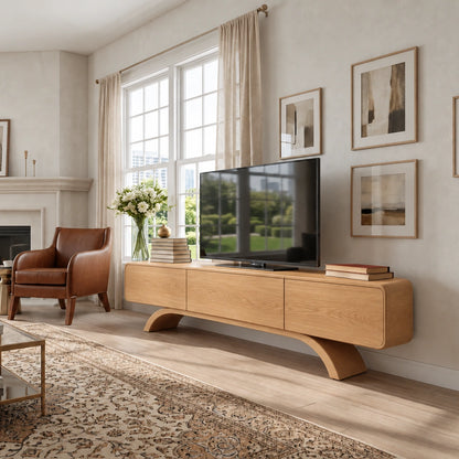 Minimalist TV Stand with Curved Arch Base in Natural Solid Wood Design - Woodenecho - 6