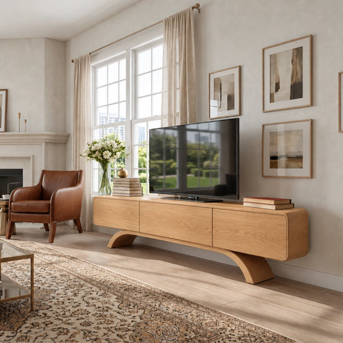 Minimalist TV Stand with Curved Arch Base in Natural Solid Wood Design - Woodenecho - 6
