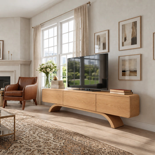 Minimalist TV Stand with Curved Arch Base in Natural Solid Wood Design - Woodenecho - 6